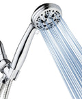 High Pressure Six Setting Handheld Showerhead With Hose 3.5 Inch Chrome Face for a Powerful Rinse showing water spray