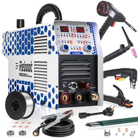 MIG Welder Plasma Cutter Combo 130A 7 In 1 Multiprocess Welder With Dual Voltage 120 Volt 240 Volt Gas MIG Flux Core Aluminum Plasma Cut Stick Lift TIG Spool Gun with accessories.