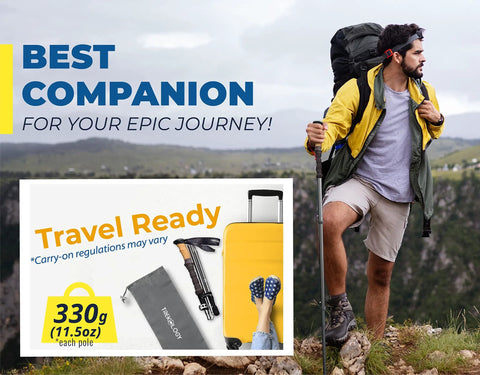 Trek-Z Cork Grip Trekking Poles For Hiking being used by a hiker with a backpack on a mountain trail, promoting travel readiness.