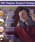 Man using Travel Neck Pillow With Chin Support For Airplane Flights Memory Foam Headrest Sleep Upgraded Comfort portable black pillow