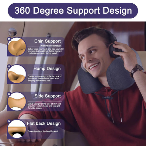 Man using Travel Neck Pillow With Chin Support For Airplane Flights Memory Foam Headrest Sleep Upgraded Comfort portable black pillow