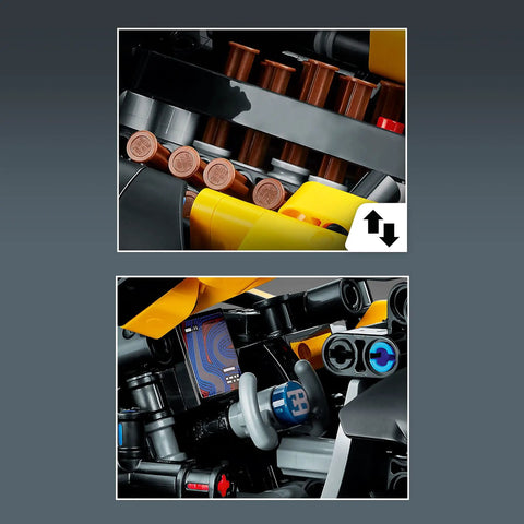 Close-up of LEGO Technic Bugatti Bolide Racing Car Building Set engine and steering details, part of 905-piece set for ages 9+