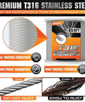 Beefy Workhorse 650ft 1 Eighth Inch T316 Stainless Steel Deck Cable Railing Kit packaging and rust comparison graphic.