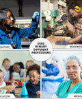 Collage showing Rival Safety Glasses For Work And Lab With Clear Lenses in laboratory, woodworking, education, and medical settings.