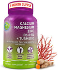 Purple bottle of Plant Based Calcium 600mg Vegan Calcium Magnesium Zinc D3 With Vitamin K2 Organic Turmeric For Strong Bones And Muscles Immune Support For Women And Men 90 Count, 1 month supply, with turmeric and algae illustration.