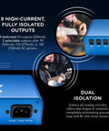 Close-up of Zuma 9 Outlet Guitar Pedal Power Supply with 9V and 18V outputs, showing sockets and blue finish.