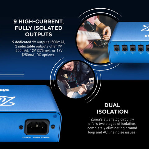 Close-up of Zuma 9 Outlet Guitar Pedal Power Supply with 9V and 18V outputs, showing sockets and blue finish.