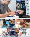 Collage showing use of Pro Grade Magnetic Screwdriver Set With 101 Bits 124-Piece Electronics Toolkit for various electronic repairs.
