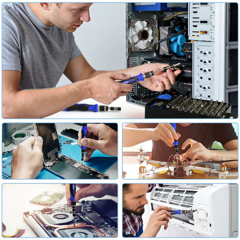 Collage showing use of Pro Grade Magnetic Screwdriver Set With 101 Bits 124-Piece Electronics Toolkit for various electronic repairs.