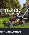 Man using Nitro 21 Inch Cordless Lawn Mower With Self Propelled Drive Variable Speed Aerodeck Airflow Enhancement IntelliCut Precision Cutting Brushless Motor For More Power Includes Two 5Ah Batteries And Charger on grass