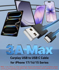 CarPlay USB A To USB C Cable For iPhone 17 Series 17 Pro 17 Pro Max 16 15 Pro Plus iPad And Android Devices 3FT 2 Pack Fast Charge Car Charger Cord For In Vehicle Use With Durable Braided Build with phones and cable ends