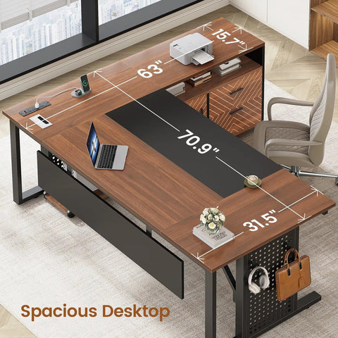 L Shaped Executive Desk With Rolling File Cabinet And Built In Power Outlets For A Boss Level Workspace Large Corner Desk With Drawers CPU Stand Pegboard Storage Shelves And Hooks Brown Finish showcasing spacious desktop dimensions.
