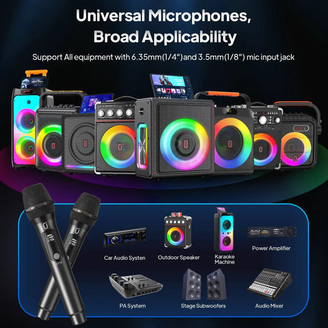 Wireless Karaoke Microphone Set With Rechargeable Bluetooth 5.3 Microphones And Receiver, Dope 200ft Range, Multi Channel Auto Switching, Plug And Play For Party Church Meeting And PA System, Crystal Clear Dynamic Sound in front of diverse audio equipment.
