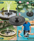 1W Solar Bird Bath Fountain Pump With 6 In 1 Nozzles in bird bath, pond, garden, and pool settings