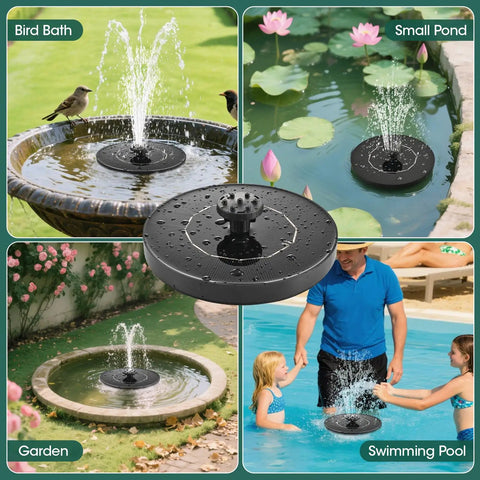 1W Solar Bird Bath Fountain Pump With 6 In 1 Nozzles in bird bath, pond, garden, and pool settings