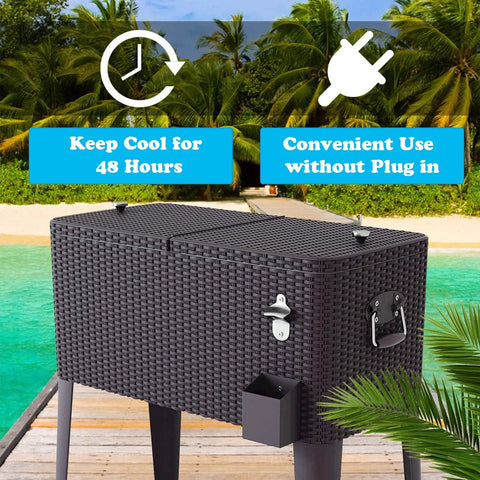 80 Quart Rattan Rolling Cooler Cart For Outdoor Patio Parties On Wheels With Brown Wicker Finish Keeps Drinks Cold