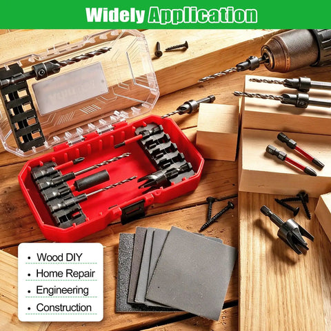 Heavy Duty Countersink Drill Bit Set, 23 Piece Tapered Wood Bits With Plug Cutter, Slick Hex Shank, Adjustable Depth Rings, Pro Workhorse Kit With Sandpaper And Sturdy Carry Box laid out in a toolbox.