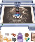 Creality Falcon 5W laser engraver machine with blue aluminum frame, front view, 400x415mm working area