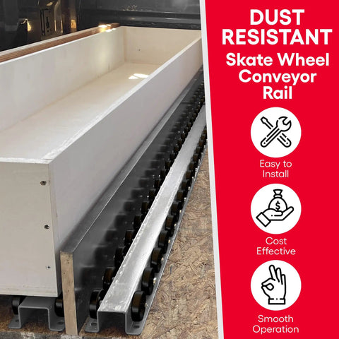 Heavy Duty Roller Conveyor Flow Rail - 5 Ft Galvanized Steel Gravity System With Staggered Plastic Skate Wheels For Efficient Pallet Carton And Material Handling In Warehouse Or Shop Portable Design, showing dust resistant rail installation.