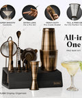 Mixology Bartender Kit Bar Set For Home Bar Enthusiasts 14-Piece Shaker Set With 28oz Boston Shaker Brass And Black Finish displayed