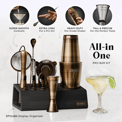 Mixology Bartender Kit Bar Set For Home Bar Enthusiasts 14-Piece Shaker Set With 28oz Boston Shaker Brass And Black Finish displayed