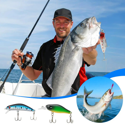 Angler showcasing catch using 24 Piece Fishing Lure Kit Tackle Box Set With Bass Lures Variety Pack Poppers Minnows Frogs Soft Baits Spoons