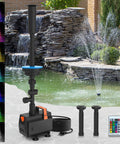 Submersible Pond Fountain Pump Kit With Easy Setup Plug And Play 3 Spray Patterns, LED Color Night Light, 600 GPH display