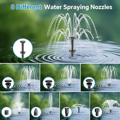 8W Solar Fountain Pump with Built In 3600mAh Battery for Bird Bath showcasing double layer nozzles and water spray modes