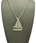 Iced Out Sailing Yacht Pendant Necklace With 24 Inch Chains In Silver Tone, Choose 2mm Box Chain, 3mm Cuban Chain, Or 2mm Rope