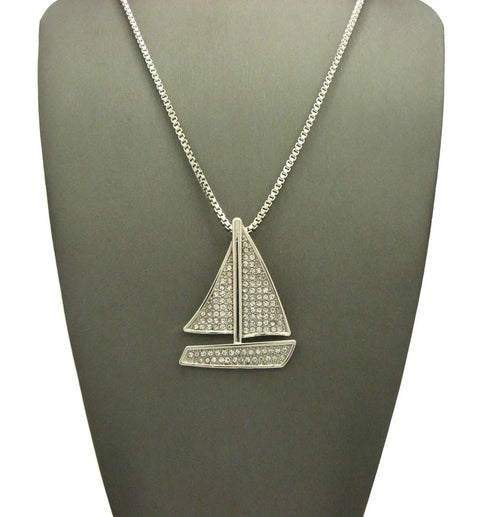 Iced Out Sailing Yacht Pendant Necklace With 24 Inch Chains In Silver Tone, Choose 2mm Box Chain, 3mm Cuban Chain, Or 2mm Rope