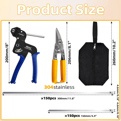 Heavy Duty Metal Zip Tie Kit With Gun, Pro Grade, 300 Pack Stainless Steel Cable Ties dimensions and tool sizes displayed