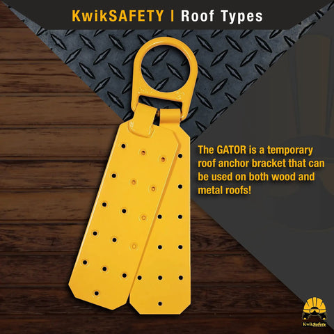 Gator roof anchor bracket on wood and metal background, part of Gator Roof Anchor Bundle With 50 Ft VLA 6 Ft Safety Lanyard Cross Arm Strap 1D Ring Full Body Harness Tool Lanyard And ANSI OSHA Certified Fall Protection For Roofing Projects.