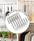 50 Pack 2.4 Inch Heavy Duty 304 Stainless Steel S Hooks For Kitchen Pots Pans Utensils Towels Tools Clothes And More No Rust Durable Hanging Hooks For Cabinets Racks Shelves shown in use.