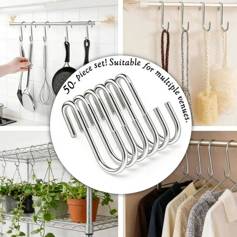 50 Pack 2.4 Inch Heavy Duty 304 Stainless Steel S Hooks For Kitchen Pots Pans Utensils Towels Tools Clothes And More No Rust Durable Hanging Hooks For Cabinets Racks Shelves shown in use.