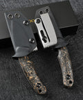 DC53 Steel Fixed Blade Knife With Rugged Shredded Carbon Fiber Handle And Kydex Sheath on display for EDC Outdoor Camping.