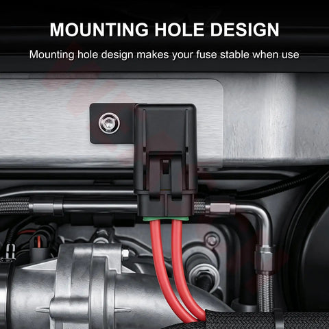 Kick Butt Heavy Duty 12 AWG Tinned Copper Wire Kit with Inline Fuse Holder Waterproof 12V Auto Marine Rig Ready Upgrade Corrosion Proof High Amp Capacity 2 Pack showing stable fuse mounting design in engine compartment.