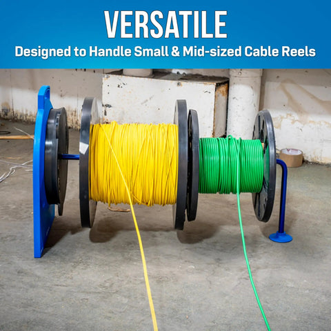 Two cable reels on Beefy Heavy Duty Cable Reel Dispenser Stand, fitted with non-slip feet, compact for job sites.
