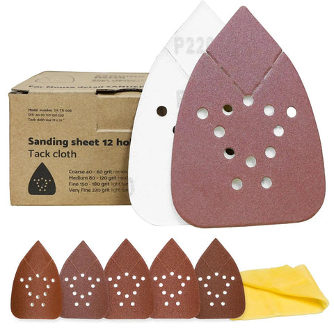 Black And Decker Mouse Sanding Pads Pack With 60 80 120 150 220 Grits, featuring 12 Hole Hook And Loop Detail Sander Pads With Tack Cloth