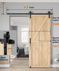 Heavy Duty Sliding Barn Door Hardware Kit 6.6 Ft With Smooth And Quiet Operation Adjustable Floor Guide Door Hook And Two Handles Fits Doors 1 3 8 To 1 3 4 Inch Thickness Black Finish J Shape Hangers Supports Up To 350 Lbs shown installed on wooden door