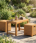 Acacia Wood Outdoor Coffee Table With Stools Three Piece Patio Set With Hidden Storage for Balcony and Garden on stone patio