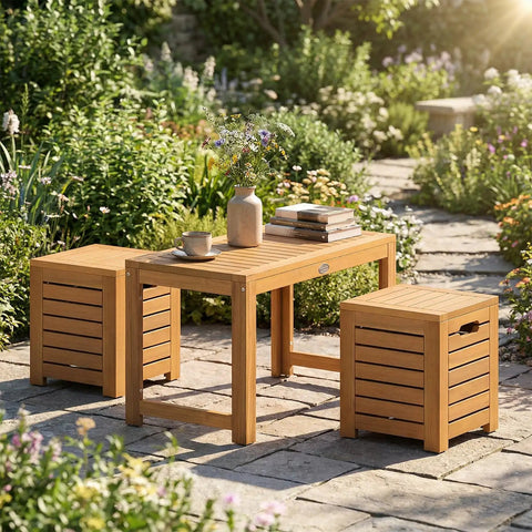 Acacia Wood Outdoor Coffee Table With Stools Three Piece Patio Set With Hidden Storage for Balcony and Garden on stone patio