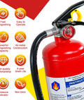 Beefed Up 5 Pound ABC Fire Extinguisher With Wall Mount Bracket, Solid Dry Chemical Blaster For Home Garage Ride And Workshop Safety, 2A 10B C UL Certified No Nonsense Fire Guard Gear close-up showing nozzle and gauge.