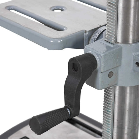 Close-up of the height adjustment handle on the Heavy Duty Benchtop Drill Press Featuring A Spacious 10 Inch Chuck With 9 Adjustable Speeds And A Badass 5 Amp Motor.