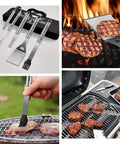 19Pcs Fathers Day BBQ Grill Tools Set With Apron Portable Bag Heavy Duty Stainless Steel Utensils in use grilling meats.