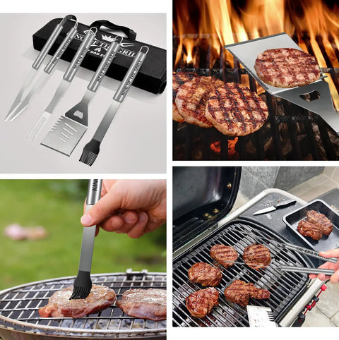 19Pcs Fathers Day BBQ Grill Tools Set With Apron Portable Bag Heavy Duty Stainless Steel Utensils in use grilling meats.