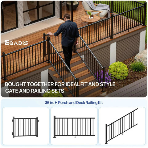 Man installing 4 ft Aluminum Deck Gate Kit For 36 Inch High Railings With Anti Sag Design Auto Closing Hinge Premium Latch