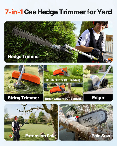 Gas Powered 7 In 1 Yard Tool With Hedge Trimmer String Trimmer Brush Cutter 3T And 40T Edger Pole Saw And Chain Saw 26cc 2 Cycle Engine Includes Extension Pole And Protective Gear