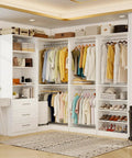 Straight Up Modular Closet Organizer System In Crisp White Featuring Nine Hanging Rods Eight Shelves Three Deep Drawers And A Smart Corner Module.