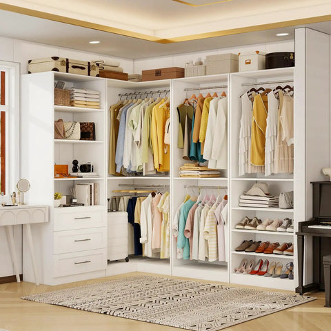 Straight Up Modular Closet Organizer System In Crisp White Featuring Nine Hanging Rods Eight Shelves Three Deep Drawers And A Smart Corner Module.