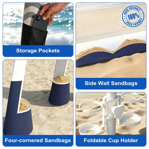 Beach Cabana Sun Shade Tent 8x8 Ft Portable Canopy With UPF 50 Plus Silver Coated Fabric Sandbags Side Wall Easy Setup Navy Stripes